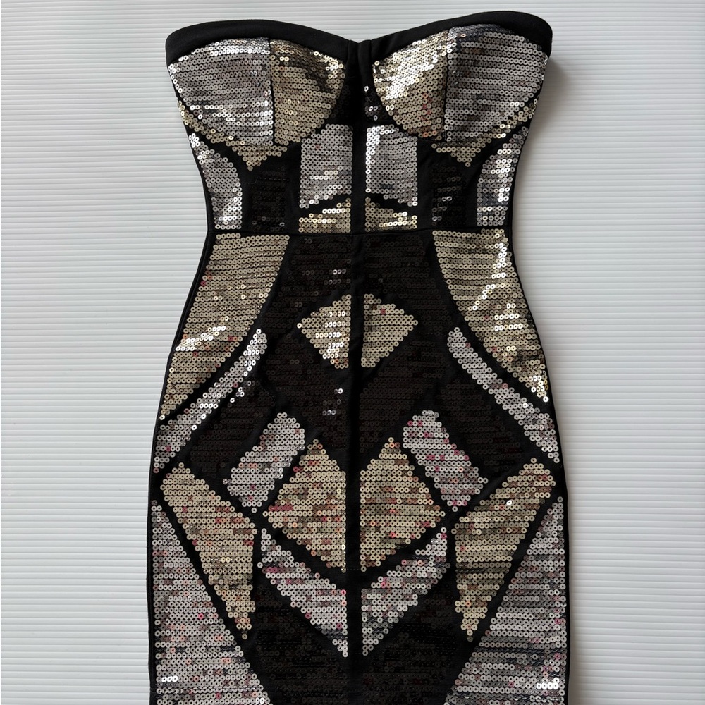 Charlotte Russe Black gold Silver Sequin Strapless Dress stretch small hoco